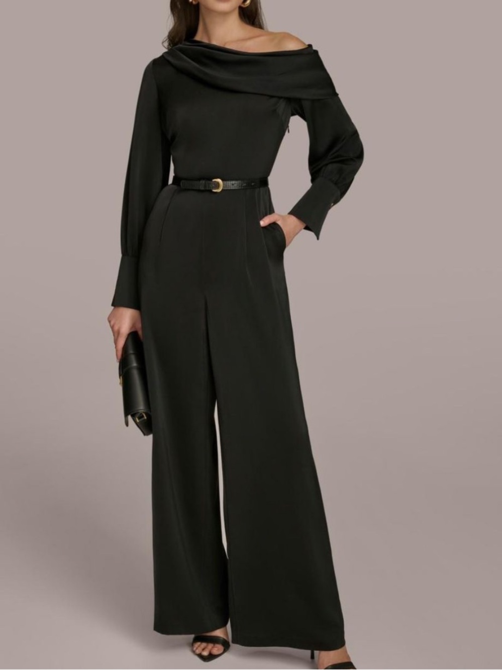 Donna Karan Black Wide-Leg One-Shoulder Jumpsuit 10 Y2K